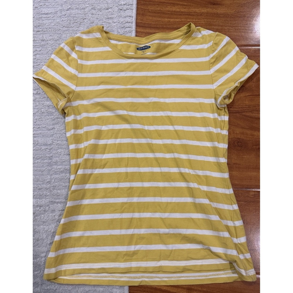 Old Navy Yellow White Striped Cotton Slim Tee Shirt S/Sl Round Neck Womens S